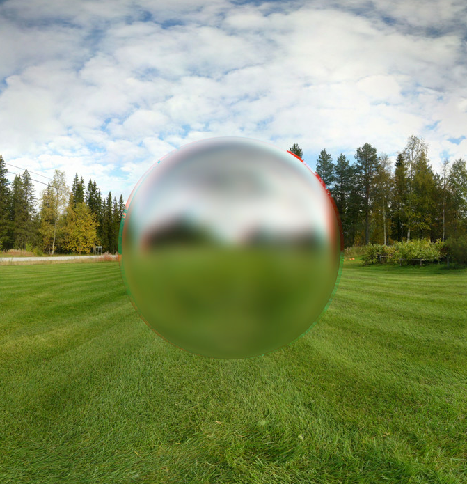 Stereo anaglyph of a reflective sphere suspended above a field